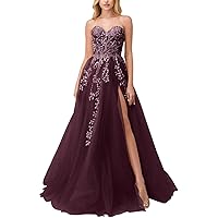 Women's Strapless Tulle Prom Dresses Long A Line High Slit Evening Party Dress