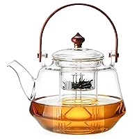 1250ml/ 42oz Glass Teapot for Loose Tea Leaves, Glass Tea Kettle with Removable Infuser, Heat Resistant Wood Handle for Blooming Flower Tea Pot