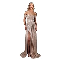 Women Sexy Off-Shoulder Sequin Evening Dresses Elegant Slit Trailing A-Line Prom Party Maxi Gowns