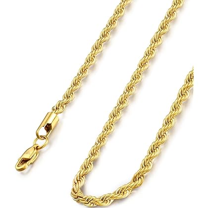 FIBO STEEL 18k Real Gold Plated 2.5-8 MM Stainless Steel Mens Womens Necklace Twist Rope Chain, 16-36 inches