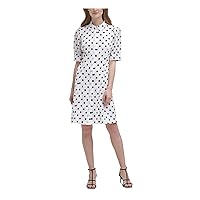 DKNY Womens White Fitted Button Front Lined Polka Dot Elbow Sleeve Collared Above The Knee Wear to Work Shirt Dress 10