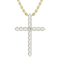 14k Yellow Gold timeless cross pendant set with 16 white/colorless sapphires (1/4ct, AA Quality) dangling on a 18