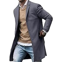 Men Wool Blend Single Breasted Overcoat Winter Slim Long Trench Coat Mid-Length Lightweight Notched Collar Jacket