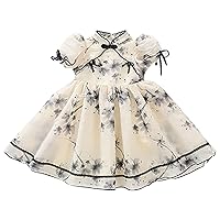 Summer New Puff Sleeve Ink Painting Print Fashion Retro Girls Dress Girls Dresses Size 8 Casual