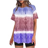 Women Casual Loose Short Sleeve Tshirts Tie Dye Rainbow Gradient Tee Tops Summer Round Neck Vintage Print Comfy Blouses