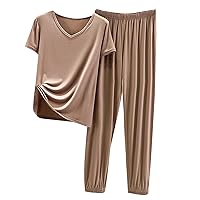Women's V-Neck Modal Sleepwear Summer Comfy 2Piece Loungewear Short Sleeves Tee Tops and Jogger Pants Pajama Sets