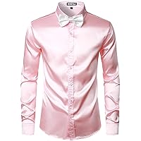 ZEROYAA Men's Luxury Shiny Silk Like Satin Button Up Dress Shirts