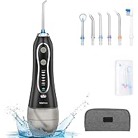 H2ofloss Water Flosser Portable Dental Oral Irrigator with 5 Modes, 6 Replaceable Jet Tips, Rechargeable Waterproof Teeth Cleaner for Home and Travel -300ml Detachable Reservoir Black