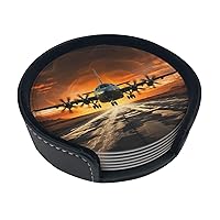 Military Plane Landing On Airforce Runways Against Beautiful Dusky Sky Print Coasters Drink Coasters Round Leather Coasters for Ceramic Cup Coffee Cup Home Bar Office Set of 6