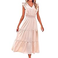 Women's Ruffle Trim Sleeveless V Neck Maxi Long Dress Elastic Waist Pleated Swing Aline Mother If The Bride Dress