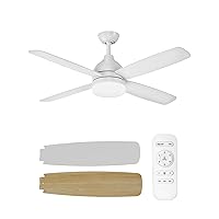 JACKYLED 52 Inch Ceiling Fan with Light Remote Control, 6 Fan Speeds & 3-Color Dimmable Light, Quiet Reversible DC Motor, LED Ceiling Fan Light for Bedroom, Living Room, White/Lightwood Blades