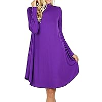 Womens & Plus Mock Neck Long Sleeve Flared A-Line Tunic Midi Dress with Pockets