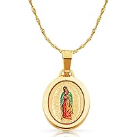 14K Yellow Gold Our Lady of Guadalupe Enamel Picture Charm Pendant with 0.9mm Singapore Chain Necklace