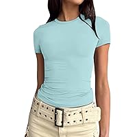 Women Short Sleeve Shirt Basic Crop Top 2024 Spring Fashion Layering Comfort Slim Fit Y2K Going Out Top Ruched Tunic