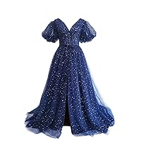 Basgute Women's Sparkle Starry Tulle Puffy Sleeve Prom Dresses Corset V Neck Elegant Slit Formal Evening Party Gowns