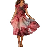 XJYIOEWT Summer Dress with Pockets,Womens Casual Tunic Dress Short Sleeve V Neck Dresses Loose Comfy Beach Dress Silk Sl