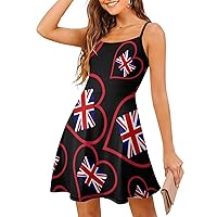 I Love Britain Red Heart Women's Sling Dress Spaghetti Strap Mini Dress Sleeveless Short Dresses Casual Swing Sundress