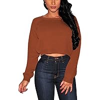Pink Queen Women Long Sleeve Crop Tops Round Neck Loose Fitted Cropped Sweaters Brown M