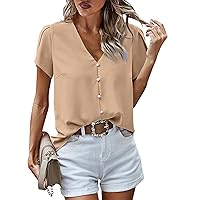 Women's Summer Tops V-Neck Short Sleeved Solid Color Fashionable Button Top 2024, S
