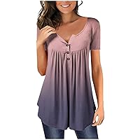 Womens Short Sleeve T-Shirts Loose Gradient Color/Vintage Floral Graphic Casual Pleated Button Down V Neck Dressy Tops
