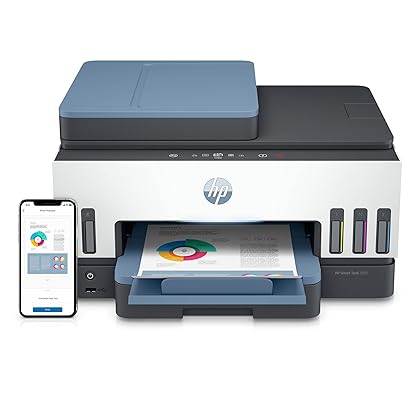 HP Smart -Tank 7602 Wireless All-in-One Cartridge-free Ink Printer, up to 2 years of ink included, mobile print, scan, copy, fax, auto doc feeder, featuring an app-like magic touch panel (28B98A),Blue