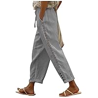 Women Cotton Trousers Drawstring Elastic High Waist Hollow Out Breathable Loose Fit Straight Leg Pants with Pockets