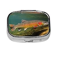 Brook Trout Fly Fishing Print Square Pill Box with 2 Compartment Portable Mini Pill Case Metal Pill Organizer Pill Container for Pocket Purse Office Travel