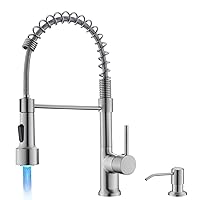 LED Kitchen Faucet with Soap Dispenser, Modern Single Handle Spring Kitchen Sink Faucets with Pull Down Sprayer