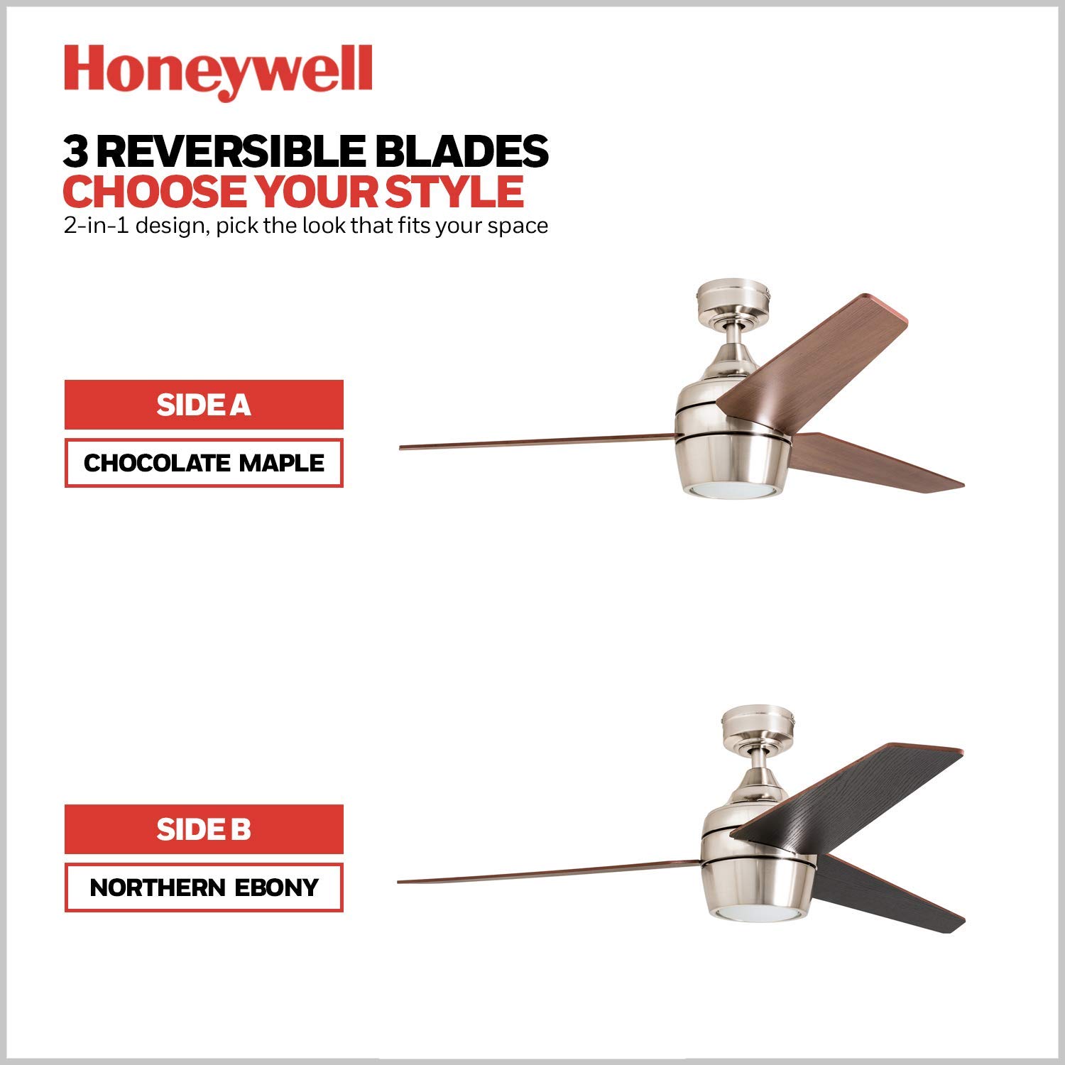 Honeywell Ceiling Fans Eamon, 52 Inch Modern Indoor LED Ceiling Fan with Light, Remote Control, Three Mounting Options, 3 Dual Finish Blades, Reversible Motor - 50604-01 (Brushed Nickel)