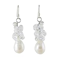 NOVICA Artisan Handmade Cultured Freshwater Pearl Quartz Cluster Earrings .925 Sterling Silver White Clear Dangle Beaded Thailand 'Icicles'