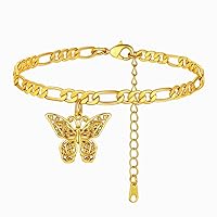 FindChic Butterfly Anklets for Women, 8.5'' to 10.5inch Dainty 18K Gold Plated Cute Charm Figaro Chain Ankle Bracelets Barefoot Jewelry