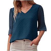 Chiffon Blouse for Women Elegant Casual Swiss Dots Tshirt V Neck 3/4 Sleeve Summer Basic Tees Solid Color Plain Tops