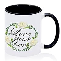 Love Grows Here Mug 11oz Greenery' Floral Wreath Personalised Coffee Tea Mug Mom Birthday Gifts Ceramic Black