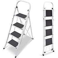 TOOLF 4 Step Ladder, Folding Step Stool with Handgrip, Metal Ladder with Anti-Slip Rubber Feet and Wide Pedal, Portable Step Ladder White and Black