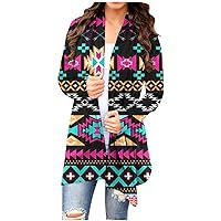 Western Ethnic Aztec Long Cardigan for Women Fall Vintage Graphic Print Overwear Loose Lightweight Open Front Tops