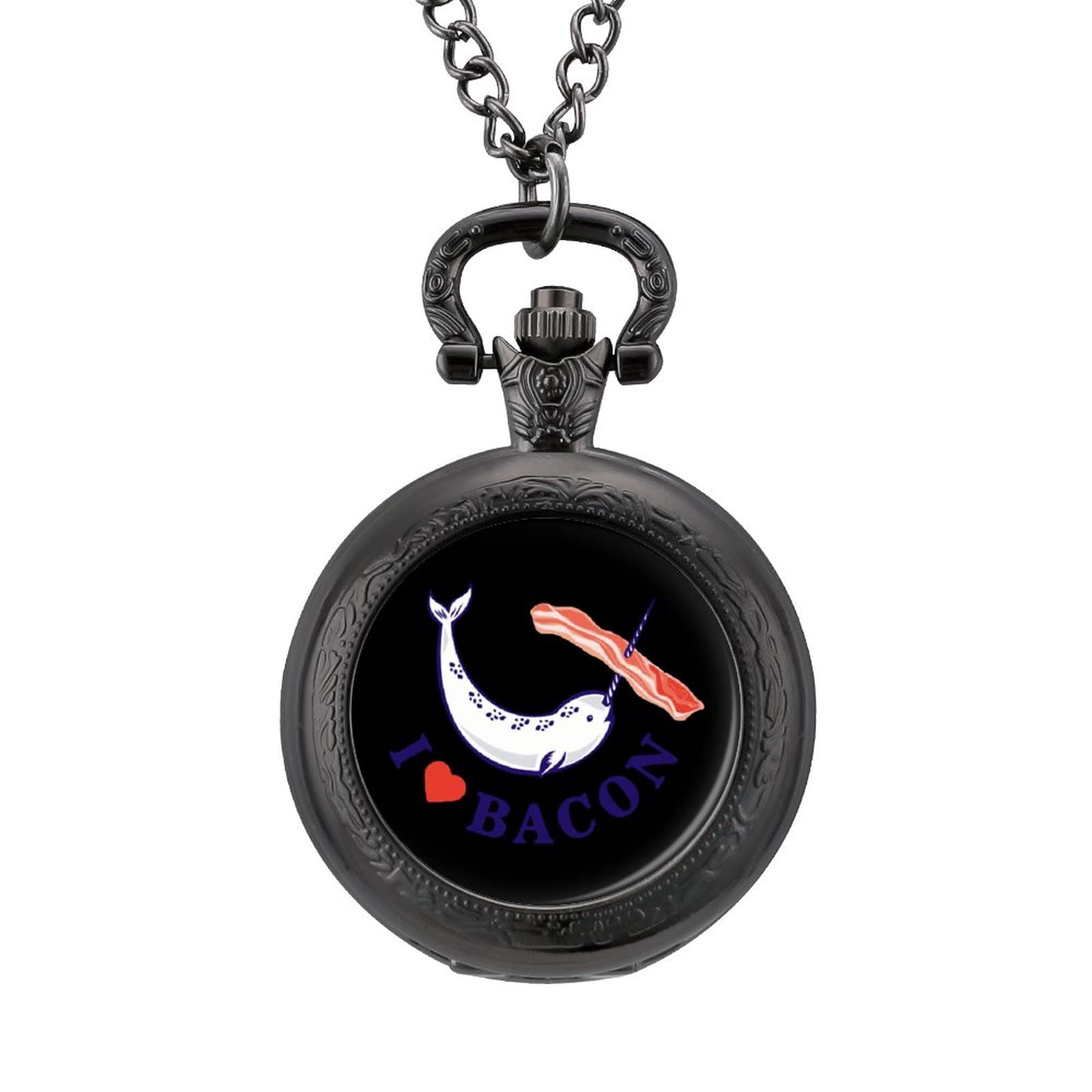 Narwhale I Love Bacon Personalized Pocket Watch Vintage Numerals Scale Quartz Watches Pendant Necklace with Chain