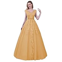 Cap Sleeve Appliques Prom Dresses for Women Tulle Evening Gown