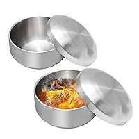 Stainless Steel Rice Bowl with Lid, Set of 2, for Korean Kitchen Restaurant, Double-walled Metal Bowls, Multi-Purpose Insulated Soup Bowls Snacks Bowls (13cm Silver)