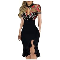 Womens Ruffle Hem Slit Dress Embroidery Lace Sheer Mesh Patchwork Short Sleeve Bodycon Club Dress Fashion Elegant Sparkly Sparkle Night Out Glitter Cocktail Party Dresses Wedding Guest Evening Red