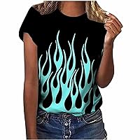 Women' Fire Print T Shirts, Women Casual Summer Short Sleeve Tie Dye Graphic Tops Trendy Loose Fit Cute Tee Blouse