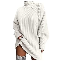 SNKSDGM Women Mock Neck Puff Long Sleeve Winter Loose Lapel Buttons Waffle Knitted Tunic Pullover Sweater Dress