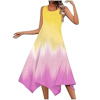 Spring Dresses for Women 2024 Summer Vacation Tie Dye Sleeveless Tank Dress Irregular Hem Casual Midi Sundresses with Pockets