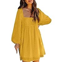 Women's Summer Dresses Party for Women 2023 Square Neck Textured Puff Sleeve Ruffle Mini Dress(Yellow,X-Large)