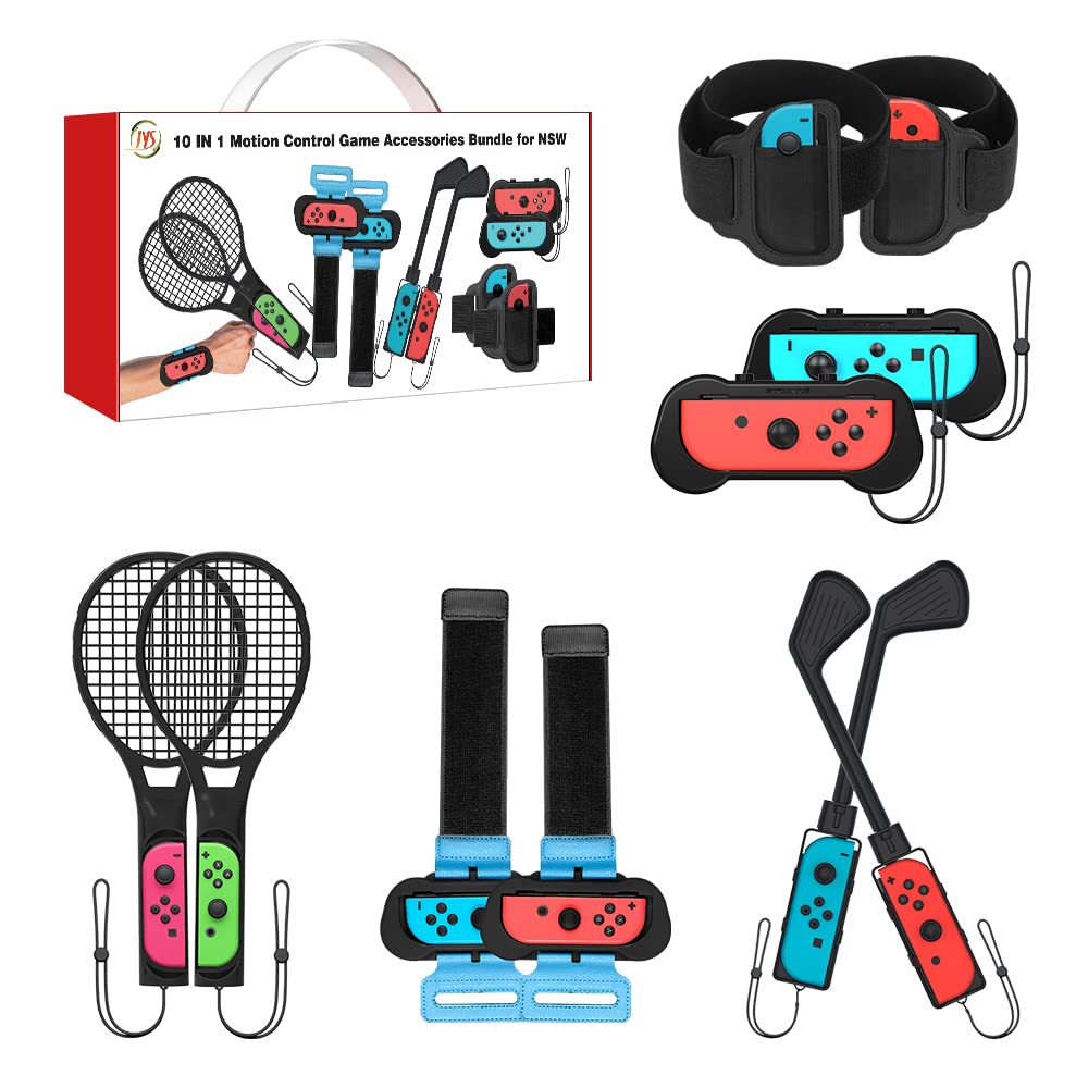 2022 Switch Sport Accessories Bundle:10 IN 1 Family Accessories kit for Switch/Switch OLED:Joycon Grip for Mario Golf Super Rush,Tennis Rackets,Comfort Grip Case and Wrist Bands & Leg Strap