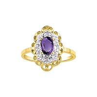 Floral Pattern Ring with Oval Shape Gemstone & Genuine Sparkling Diamonds in 14K Yellow Gold Plated Silver .925-6X4MM Color Stone Birthstone Rings