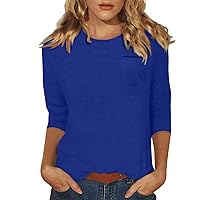 Womens 3/4 Sleeve Tops and Blouses Solid Color Round Neck Tunic Tshirts 2024 Summer Dressy Loose Fit Top with Pocket