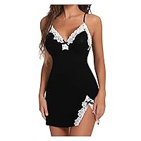 Womens Sexy Lace Nightgown Sling Dress Cute Erotic V-neck Side Slit Slip Dress Backless Lingerie Nightgowns Pjs