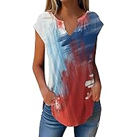 4th of July Tank Tops for Women Summer Cap Sleeve T Shirts Trendy American Flag Print V Neck Pleated Tunic Tank Tops
