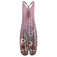 Women's Flowy Jumpsuits Vintage Casual Summer Sleeveless Spaghetti Straps Long Harem Pants Jumpsuit Rompers, S-5XL