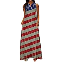 Womens Summer Tie Dye USA Flag Sleeveless A-Line Dresses Fashion V Neck Pockets Tunic Swing Tank Long Maxi Dress